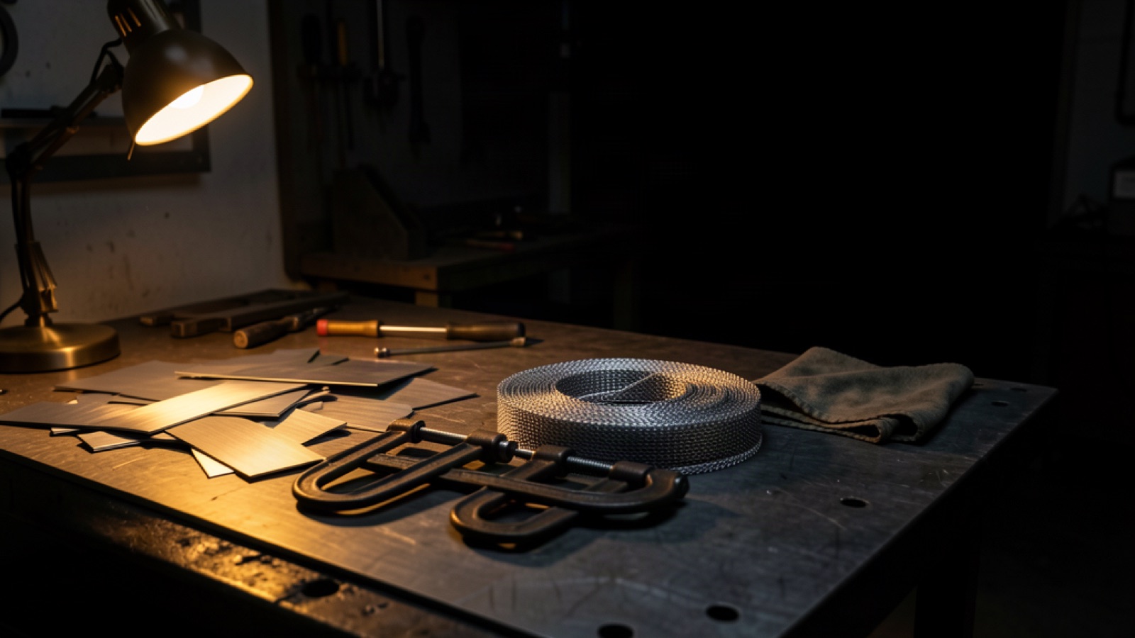 A fabrication bench at night: brushed aluminium offcuts, clamps, a coil of conductive gasket mesh and hand tools under a single amber lamp